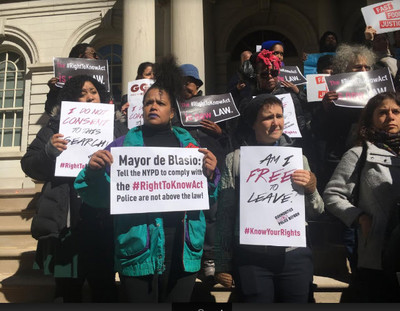 Demonstrators outside of City Hall on Thursday to ring in the Right To Know Act (Cindy Rodriguez / Gothamist)