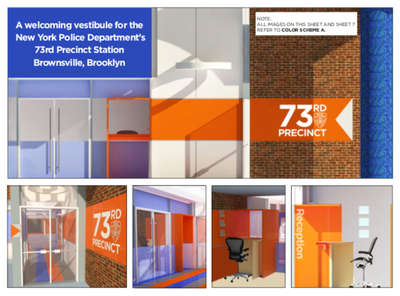 A proposed redesign of the 73rd precinct by students at the New York School of Interior Design features new bulletproof glass doors, bright colors and modern wayfinding signs (Photo courtesy of NYSID)