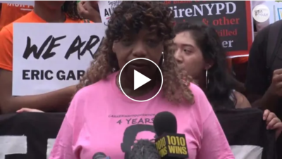 Video still of Gwen Carr addressing crowd at youth-led action on fifth anniversary of her son Eric Garner's killing